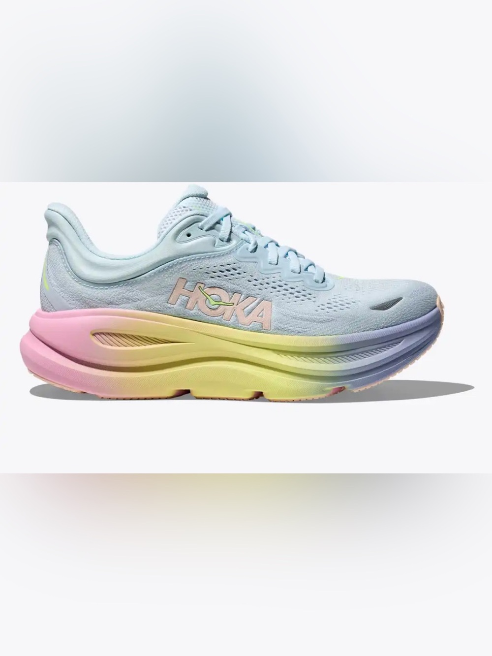 Hoka One One Bondi 9 Women's Light Blue Running Shoe with Pastel Rainbow Midsole